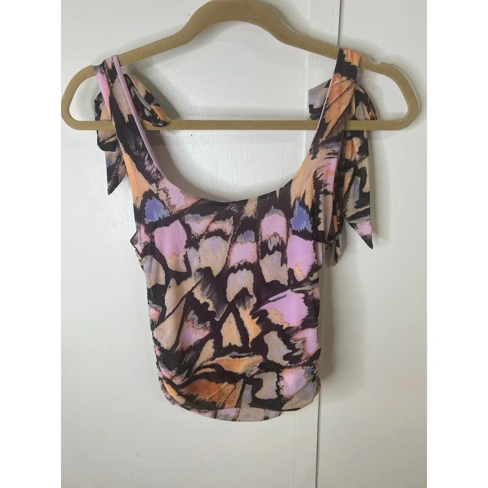 Free People Mesh Butterfly Print Ruched Tie Shoulder Crop Top Pink Orange Med.